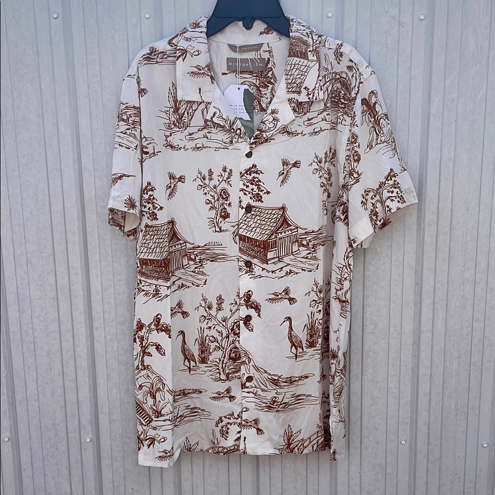 Casual Cream and Brown Button Down Shirt with Tropical Print